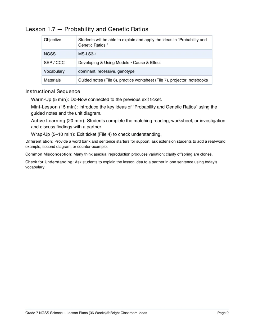 Lesson 1.7 plan, Probability and Genetic Ratios: vocabulary, timed sequence, check for understanding and a clones note
