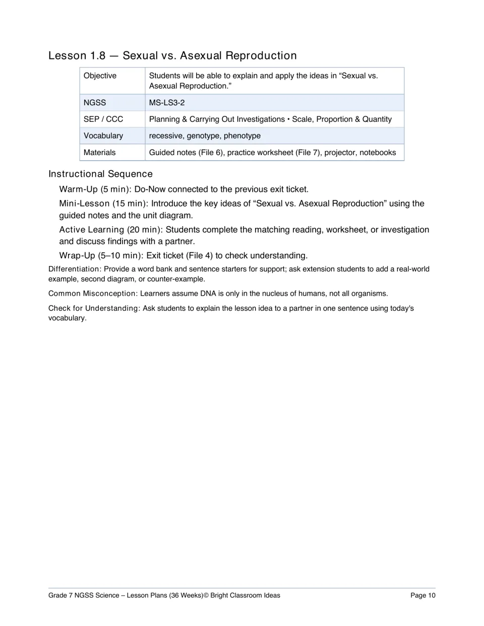 Lesson 1.8 plan, Sexual vs. Asexual Reproduction: vocabulary, timed sequence, differentiation and a DNA misconception