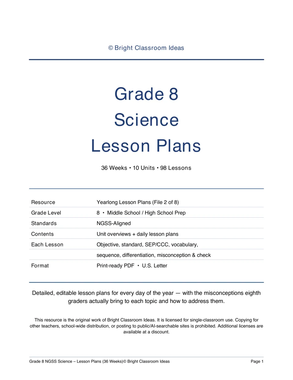 Grade 8 Science Lesson Plans cover listing 36 weeks, 10 units and 98 lessons, NGSS-aligned, with a resource details table