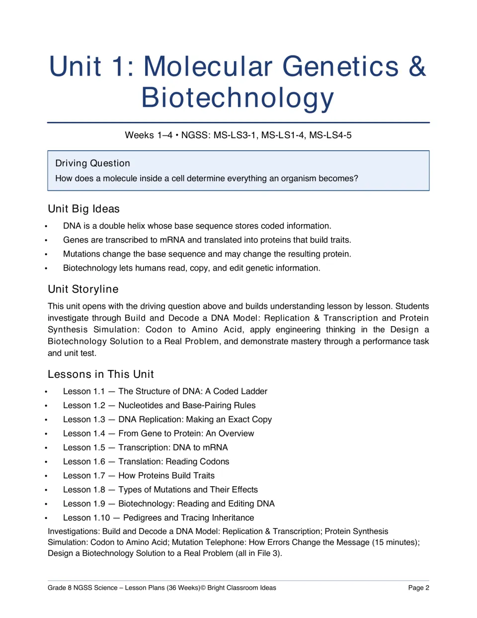 Unit 1 Molecular Genetics & Biotechnology overview: driving question, big ideas and list of lessons 1.1 to 1.10, weeks 1–4