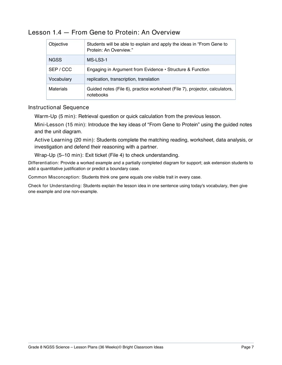 Lesson 1.4, from gene to protein overview: objective, vocabulary, timed sequence, differentiation and check for understanding