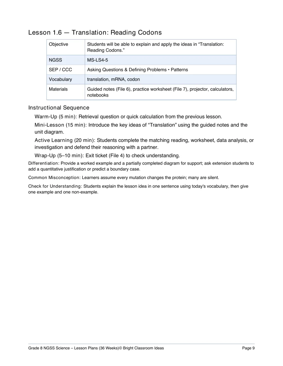 Lesson 1.6, translation and reading codons: objective, vocabulary, timed sequence and a silent-mutation misconception