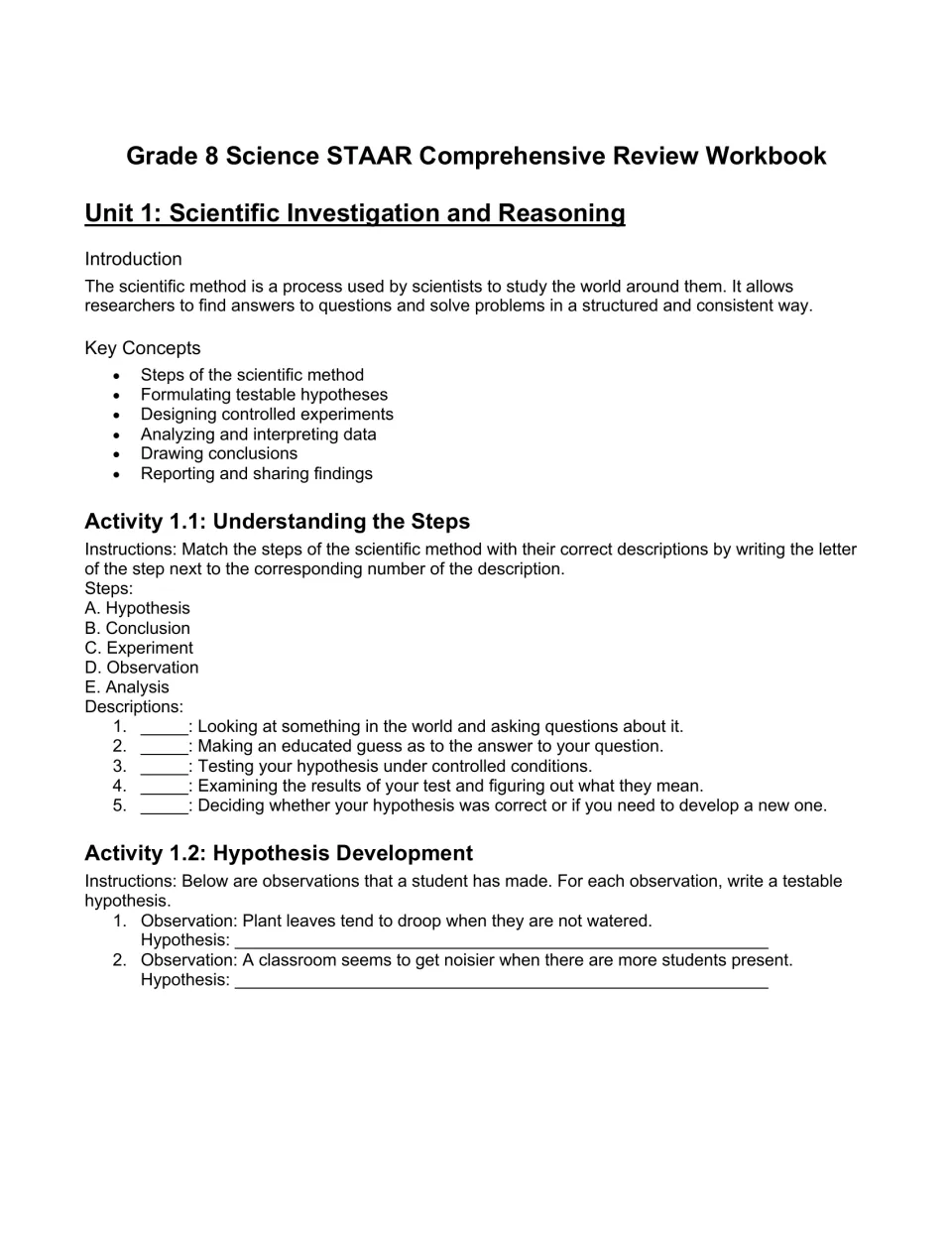Science review workbook opening: Unit 1 introduces scientific methods, step matching, and hypothesis writing