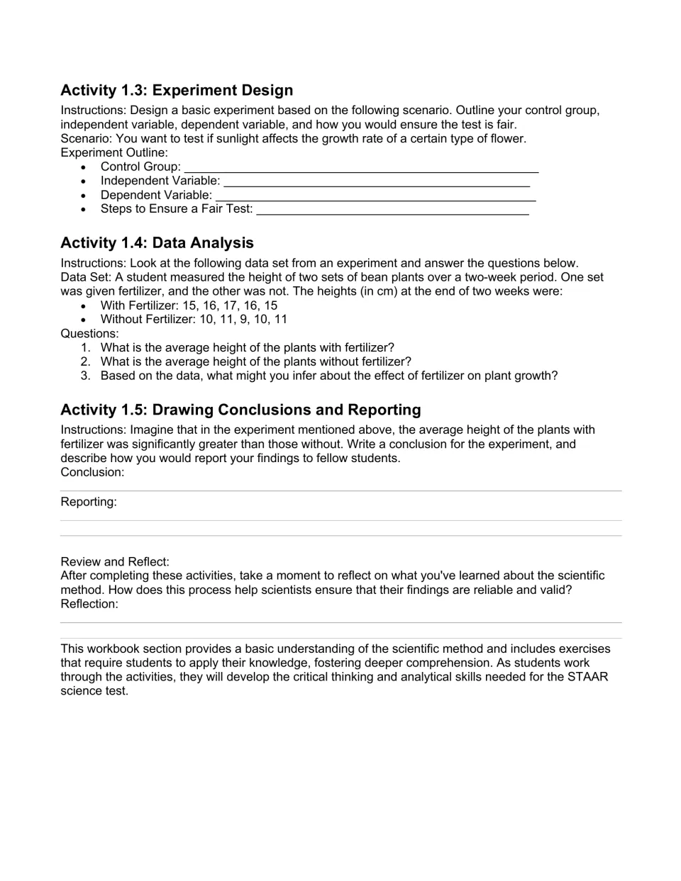 Unit 1 workbook activities cover experiment design, bean plant data analysis, conclusions, and reflection