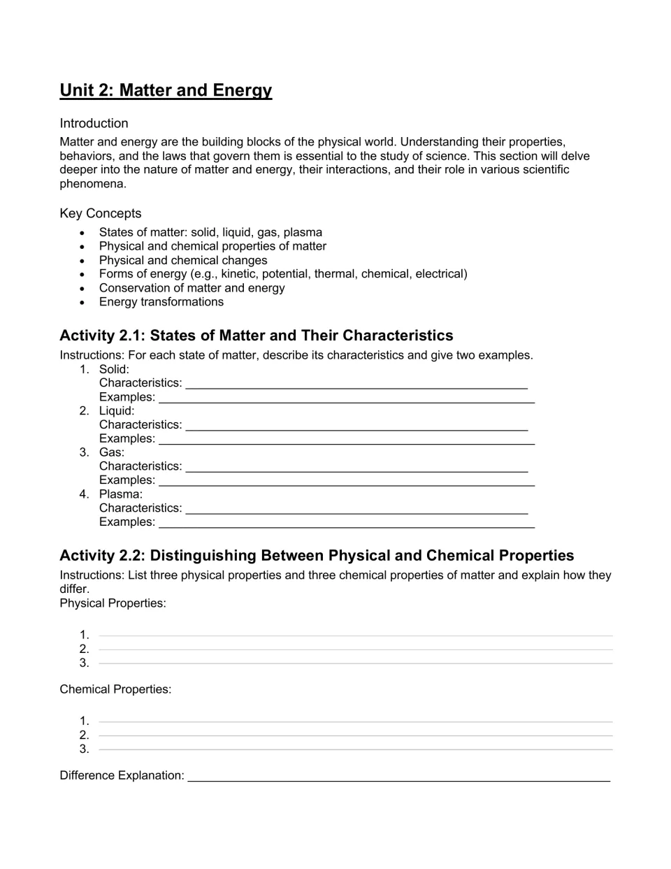 Unit 2 workbook opening introduces matter and energy, with practice on states and properties of matter