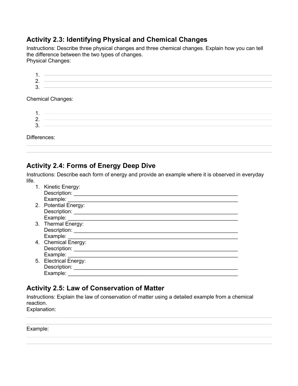 Unit 2 workbook practice covers physical and chemical changes, five energy forms, and conservation of matter