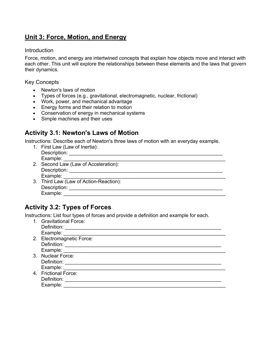 Unit 3 workbook opening introduces force, motion, and energy, with practice on Newton's laws and four forces