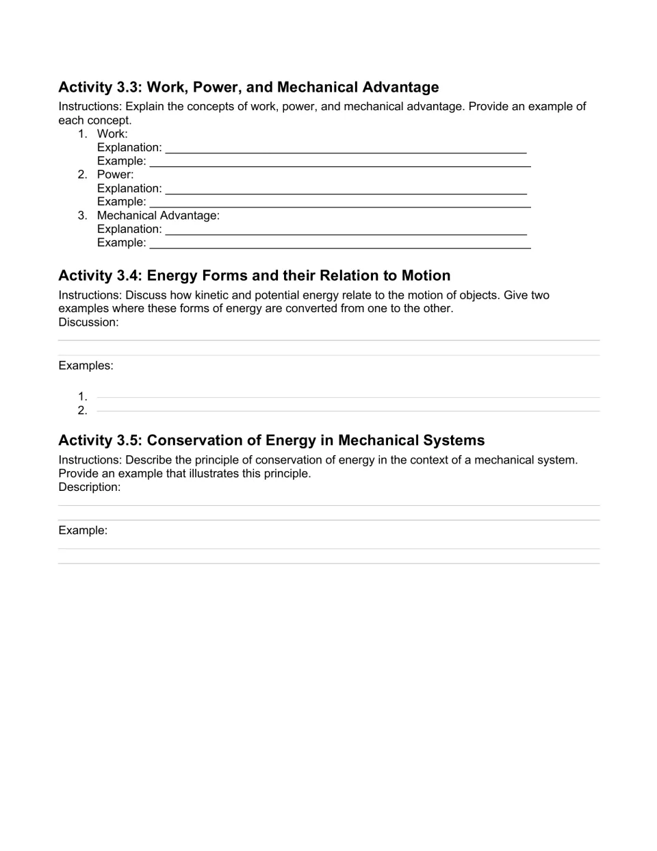 Unit 3 workbook practice covers work, power, mechanical advantage, and energy in motion and mechanical systems