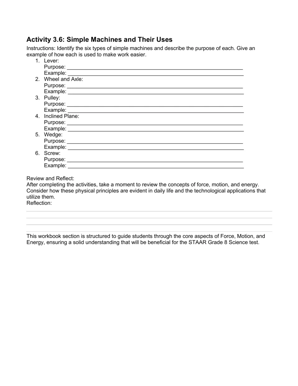 Unit 3 closing workbook activity asks for purposes and examples of six simple machines, followed by reflection