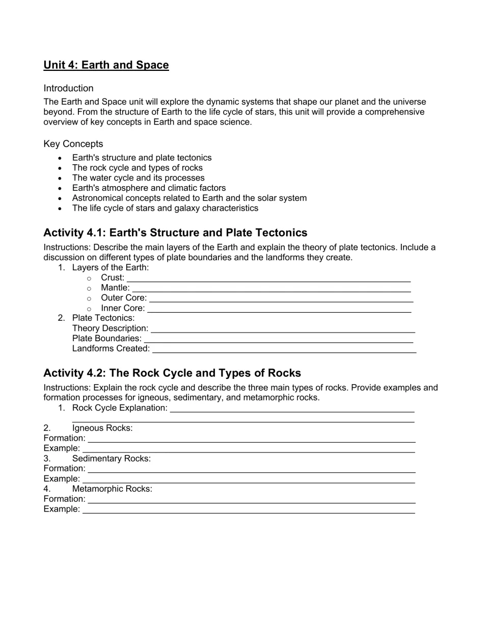 Unit 4 workbook opening introduces Earth and space, with practice on Earth's layers, plate tectonics, and rocks