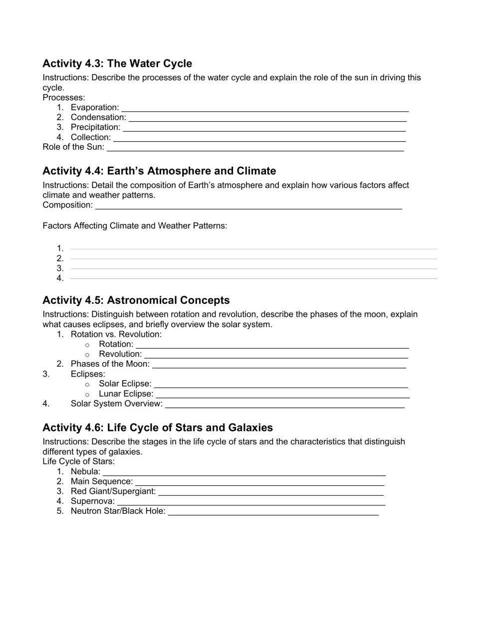 Unit 4 workbook activities cover the water cycle, atmosphere, climate, astronomy, and the life cycle of stars