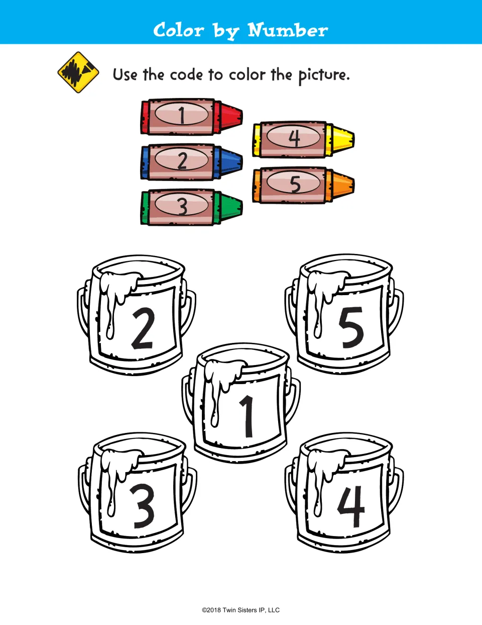 Color by number: students use a crayon code, 1 red to 5 orange, to color paint cans labeled 1 to 5