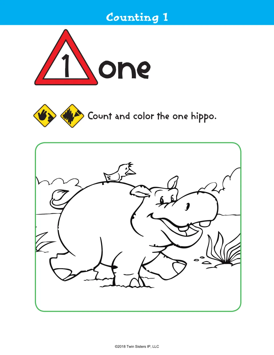 Counting 1, number one: students count the single hippo, shown with a small bird on its back, and color it in