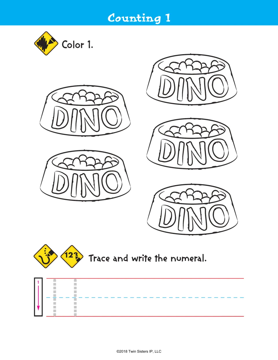 Counting 1: students color one of five Dino pet food bowls, then trace and write the numeral 1 on handwriting lines