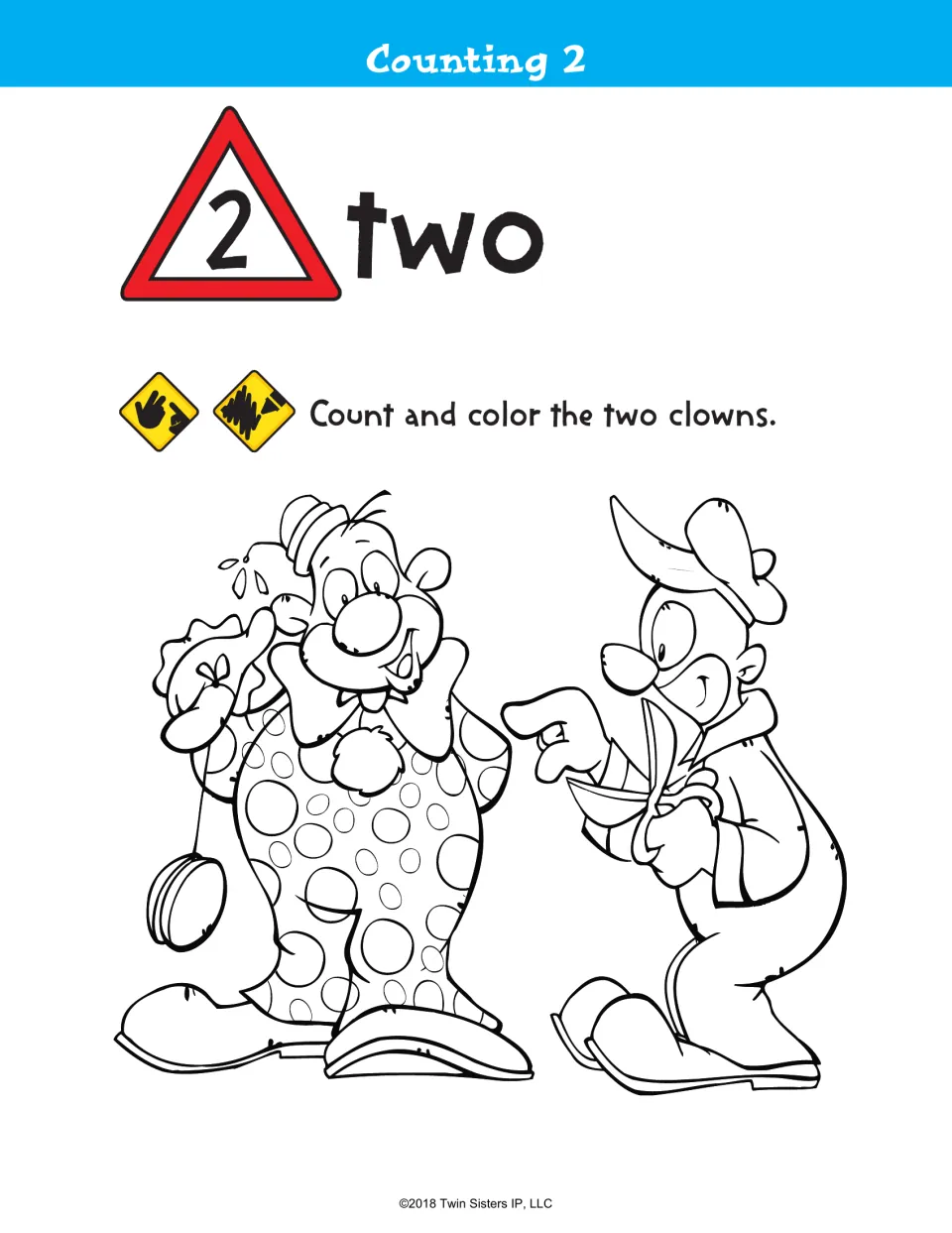 Counting 2, number two: students count the two clowns, one holding a yo-yo and one with scissors, and color them