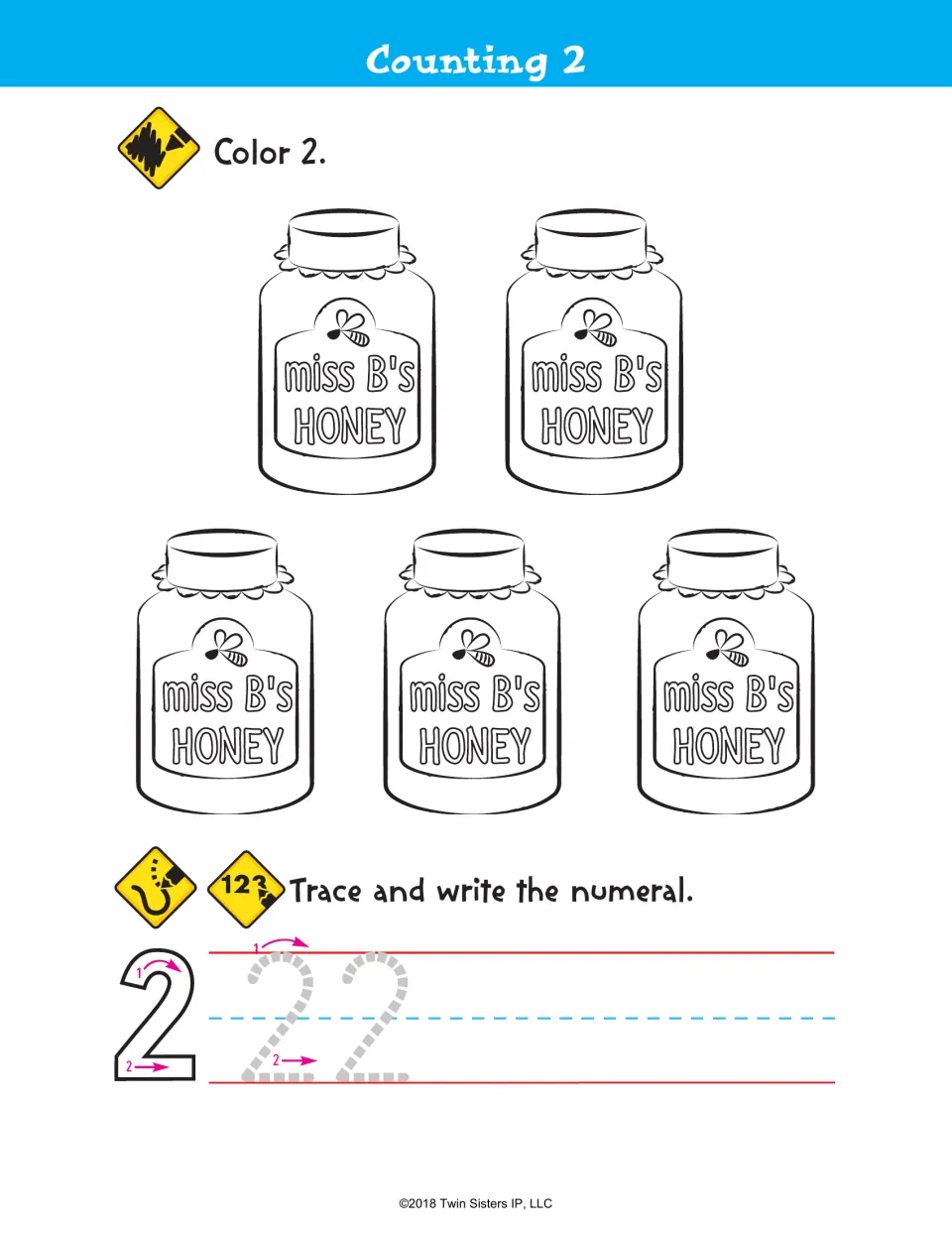 Counting 2: students color two of five Miss B's Honey jars, then trace and write the numeral 2 following stroke arrows