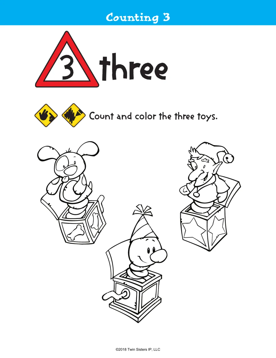 Counting 3, number three: students count three jack-in-the-box toys, a puppy, an elf and a clown, and color them