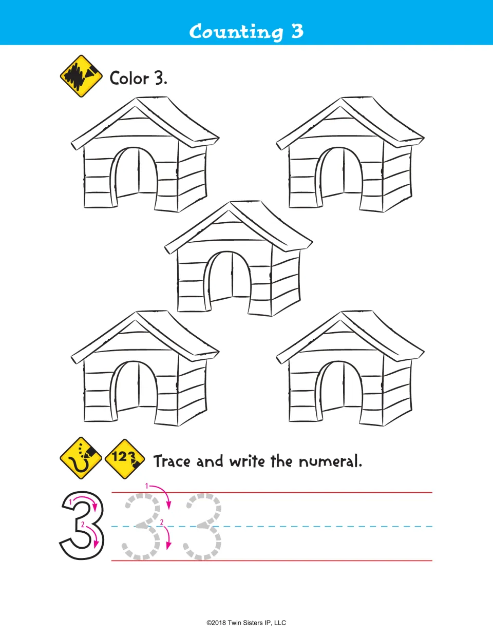 Counting 3: students color three of five doghouses, then trace and write the numeral 3 using numbered stroke arrows