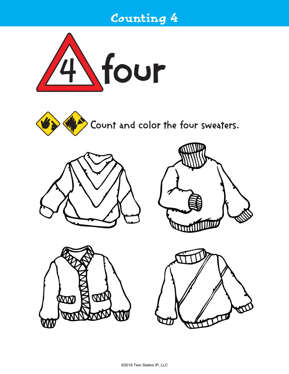 Counting 4, number four: students count four sweaters, including a turtleneck and a cardigan, and color each one