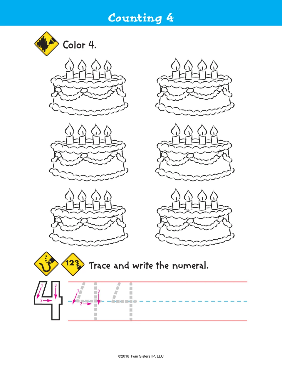 Counting 4: students color four of six birthday cakes with candles, then trace and write the numeral 4 by stroke order