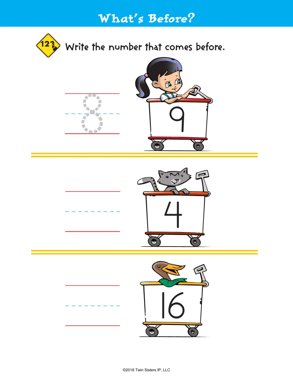 What's Before? Students write the number before 9, 4 and 16 shown on wagons; the 8 is traced as a model for number order