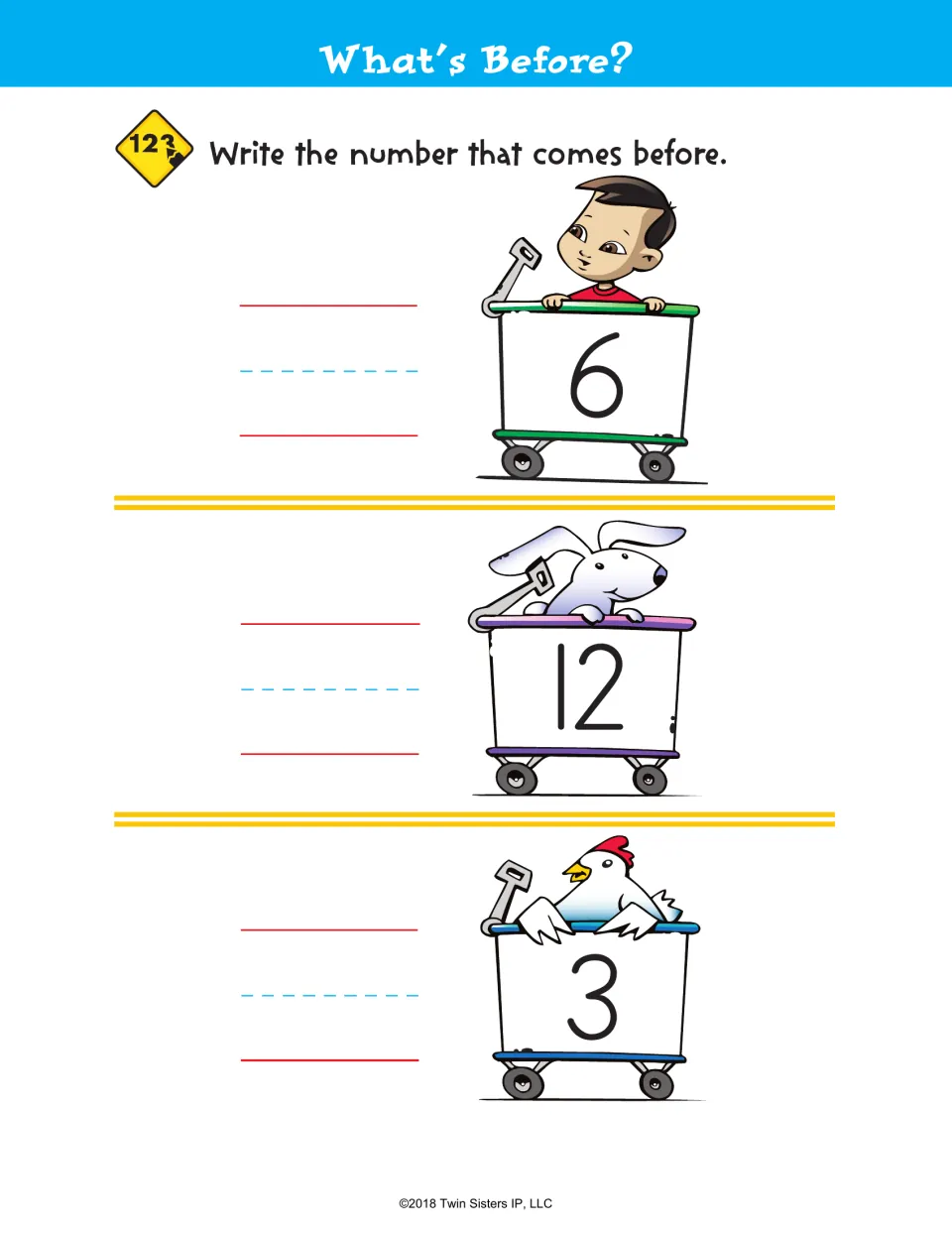 What's Before? second set: students write the number that comes before 6, 12 and 3, each on a wagon with a child or pet