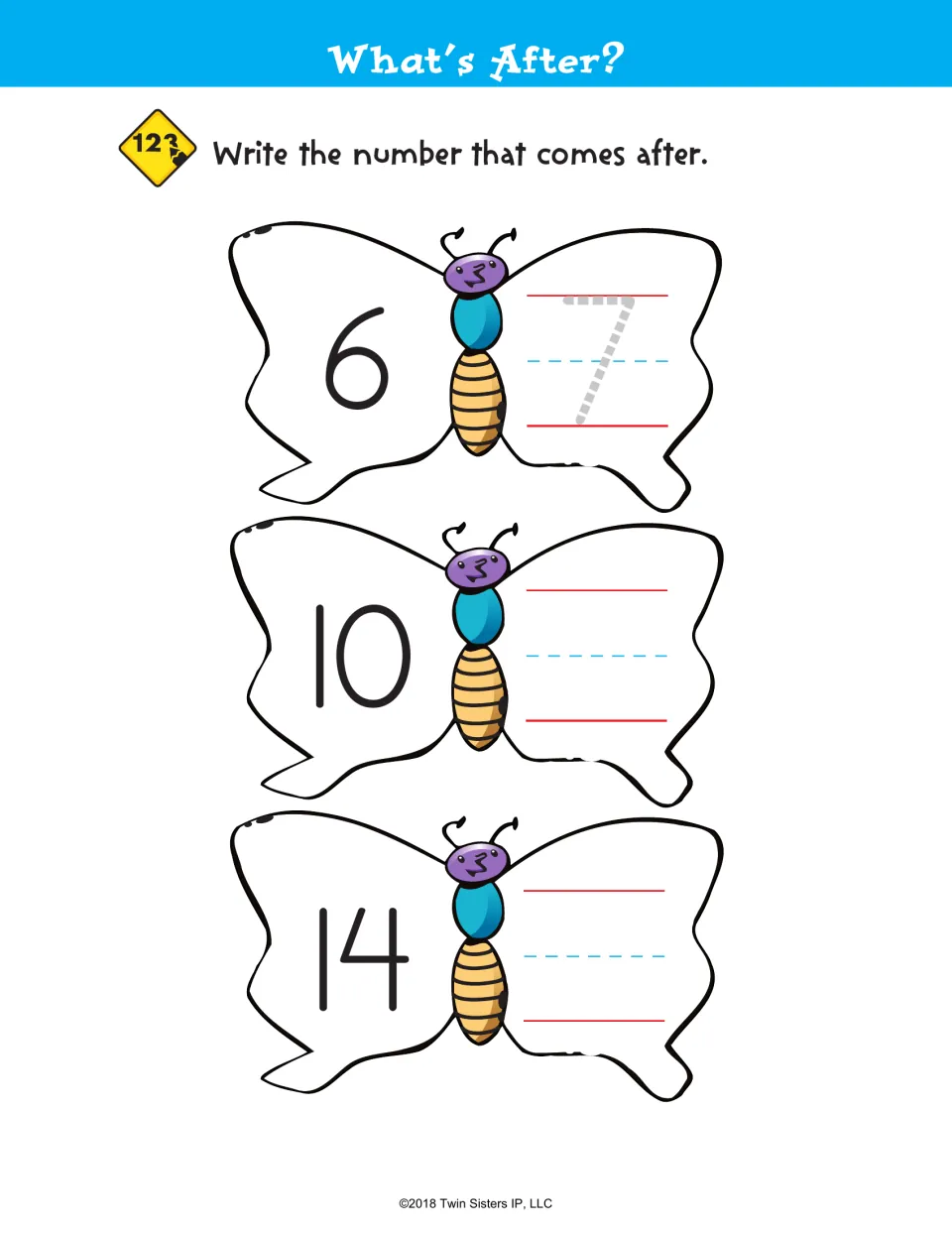What's After? Students write the number that follows 6, 10 and 14 on butterfly wings; the answer 7 is shown for tracing