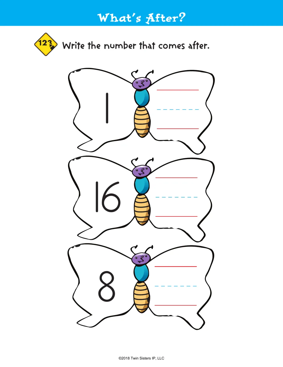 What's After? second set: students write the number that comes after 1, 16 and 8 on the blank wing of each butterfly