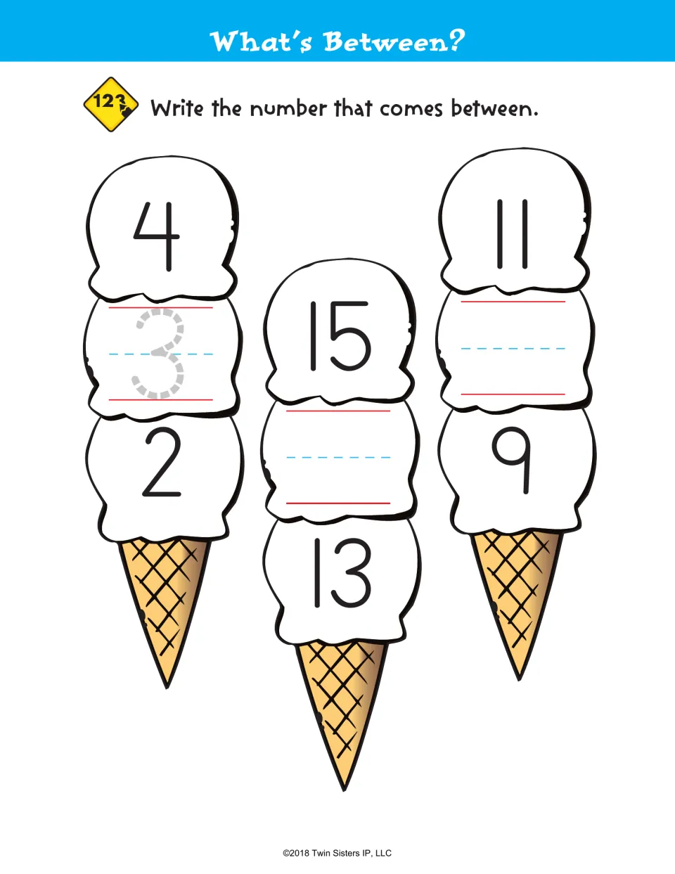 What's Between? Students fill the middle scoop between 4 and 2, 15 and 13, and 11 and 9; the 3 is traced as a model