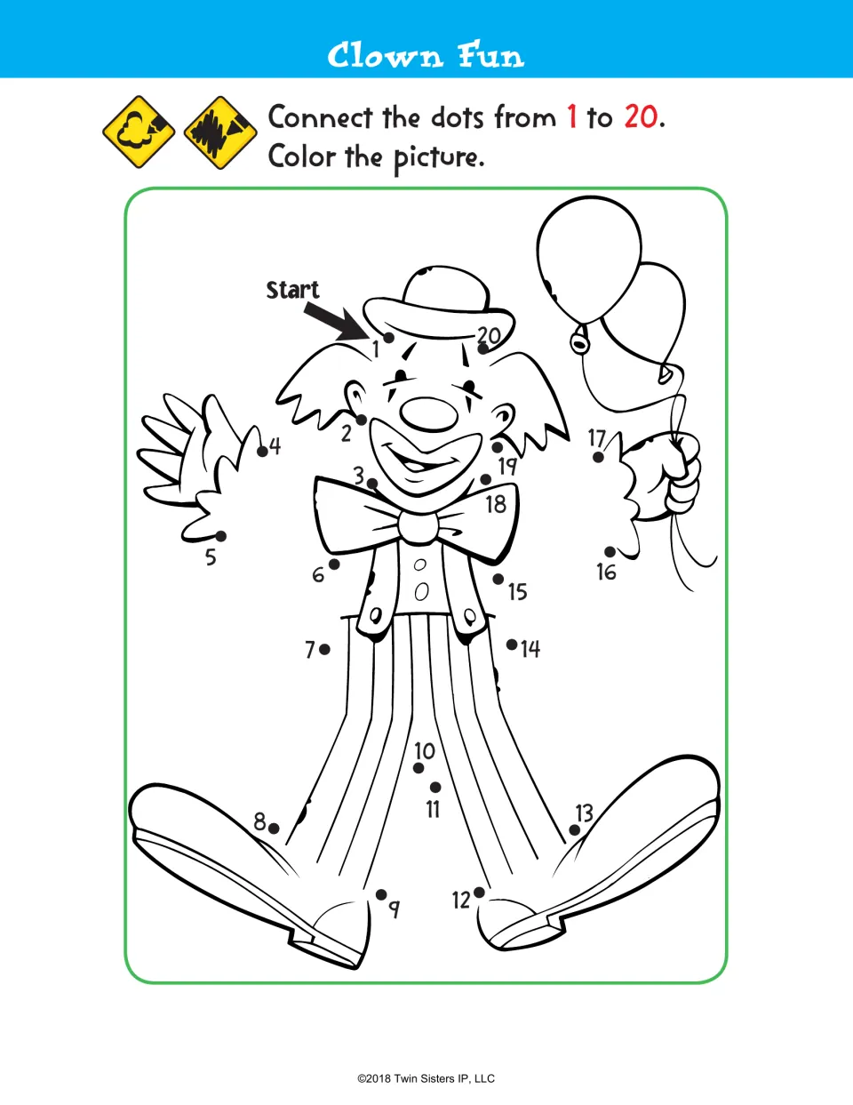 Clown Fun dot-to-dot: students connect the dots from 1 to 20 to draw a clown holding balloons, then color the picture