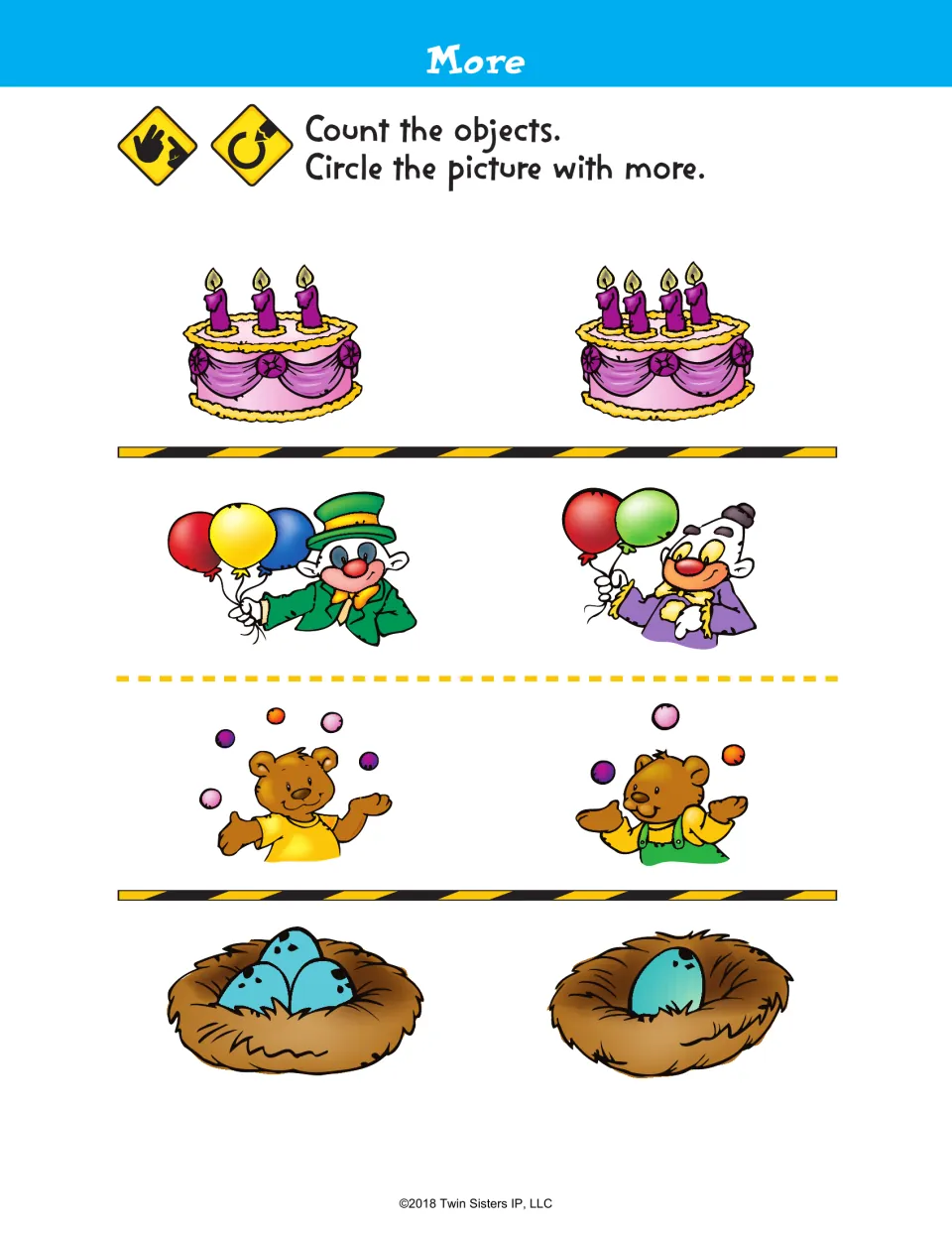 More: students count candles, balloons, juggled balls and eggs in each pair of pictures and circle the one with more