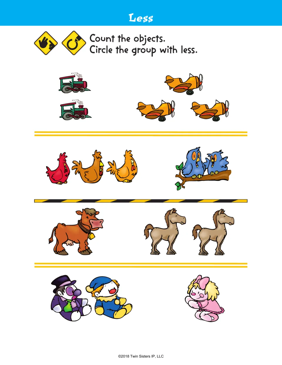 Less: students count trains and planes, hens and birds, a cow and horses, and toy dolls, then circle the group with less