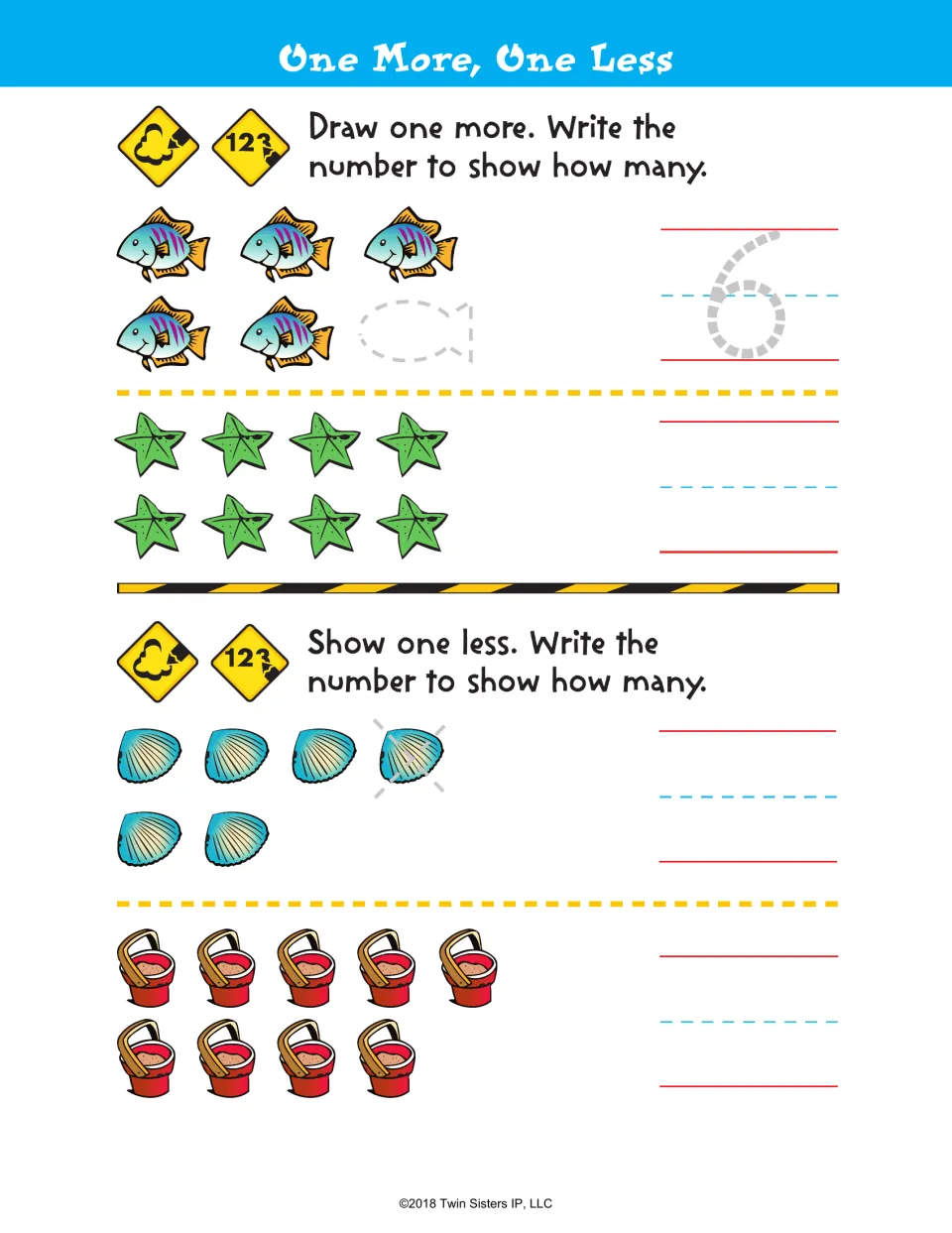 One More, One Less: students draw one more fish or starfish and cross out one shell or bucket, then write each new total