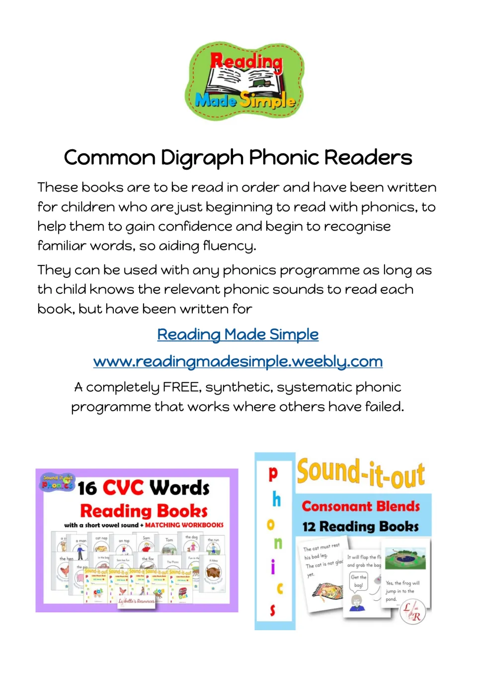 Common Digraph Phonic Readers title page from Reading Made Simple, showing CVC word and consonant blend book sets