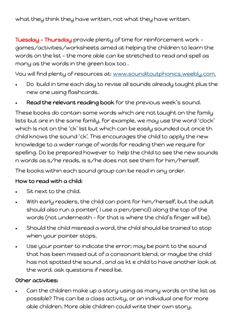 Tuesday to Thursday reinforcement, how to read with a child using a pointer, and story-writing activity ideas