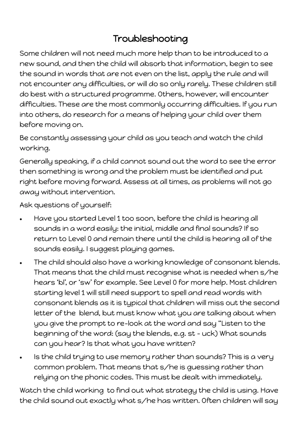 Troubleshooting questions when a child struggles: hearing all sounds, knowing blends, or guessing from memory