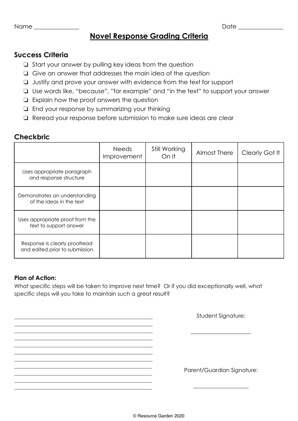 Novel response grading criteria: students check 7 success criteria, get a 4-level checkbric score and write a plan of action