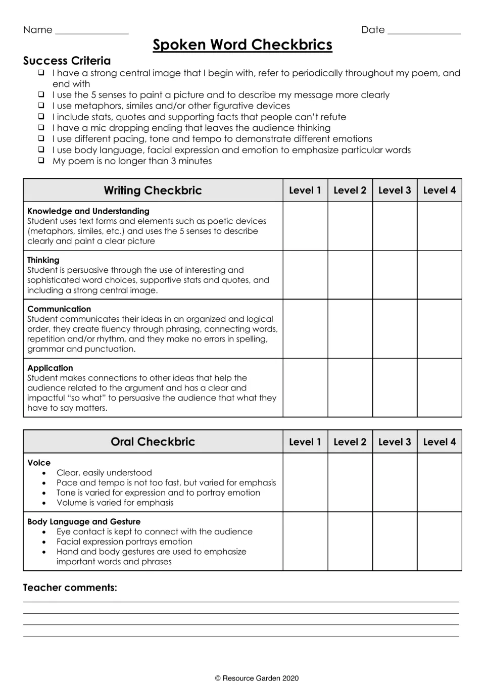 Spoken Word Checkbrics: success criteria checklist plus writing and oral rubrics scoring poems at Levels 1 to 4