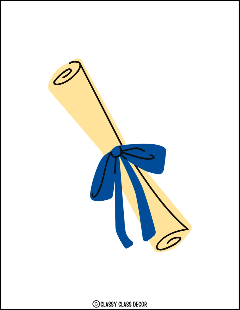 Graduation display cutout: one large rolled yellow diploma tied with a blue ribbon for the decor kit