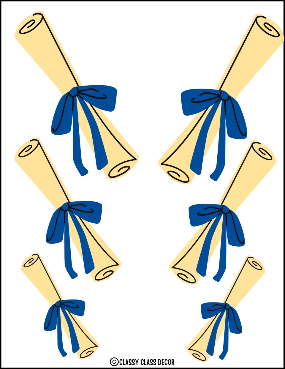 Graduation display cutouts: six rolled yellow diplomas with blue ribbons, in three sizes and mirrored pairs
