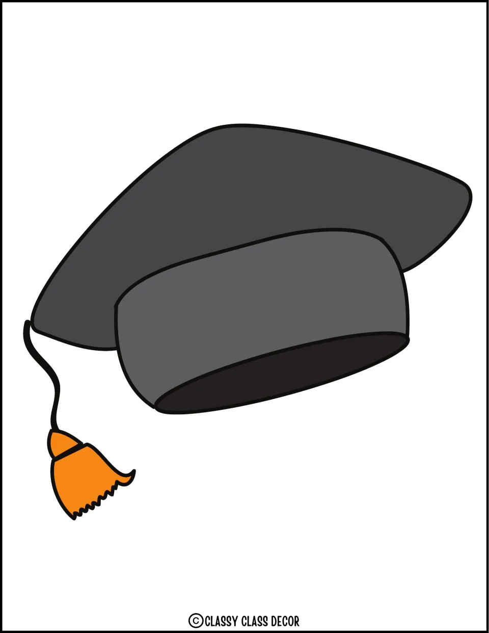Mirrored graduation cap cut-out: a large grey mortarboard with its orange tassel hanging on the left side of the page