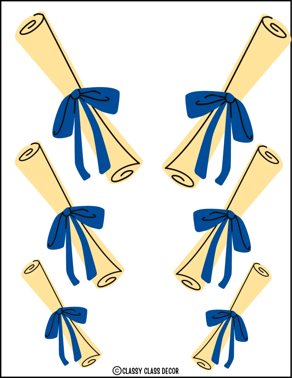 Diploma cut-outs: six rolled cream scrolls with blue bows in three sizes, facing left and right in pairs down the page