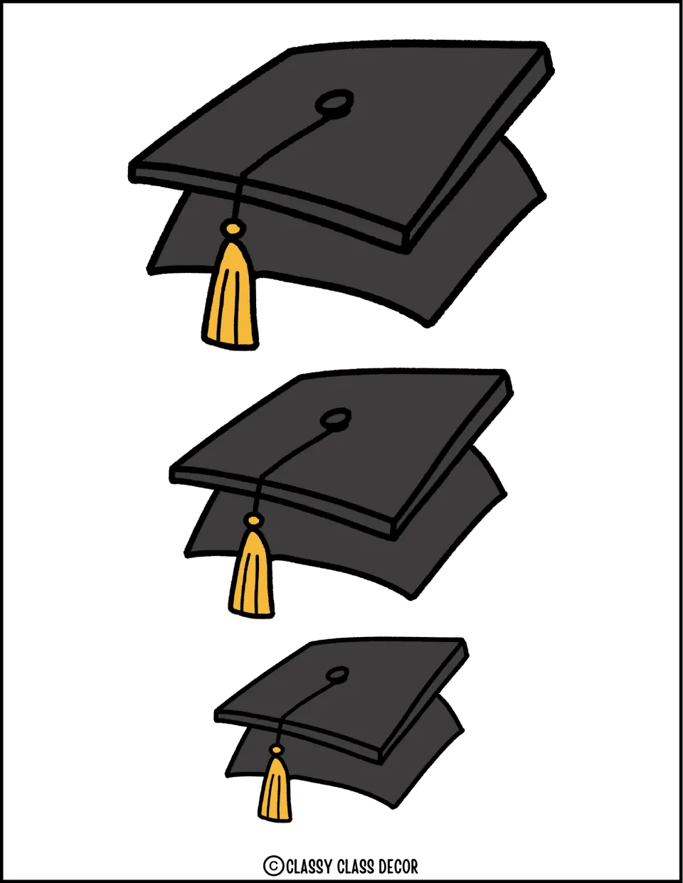 Graduation cap cut-outs: three black mortarboards with yellow tassels stacked down the page from largest to smallest