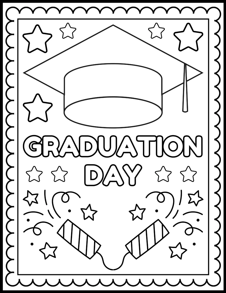 Graduation Day coloring page: students color a large mortarboard cap, stars, confetti swirls and two party poppers