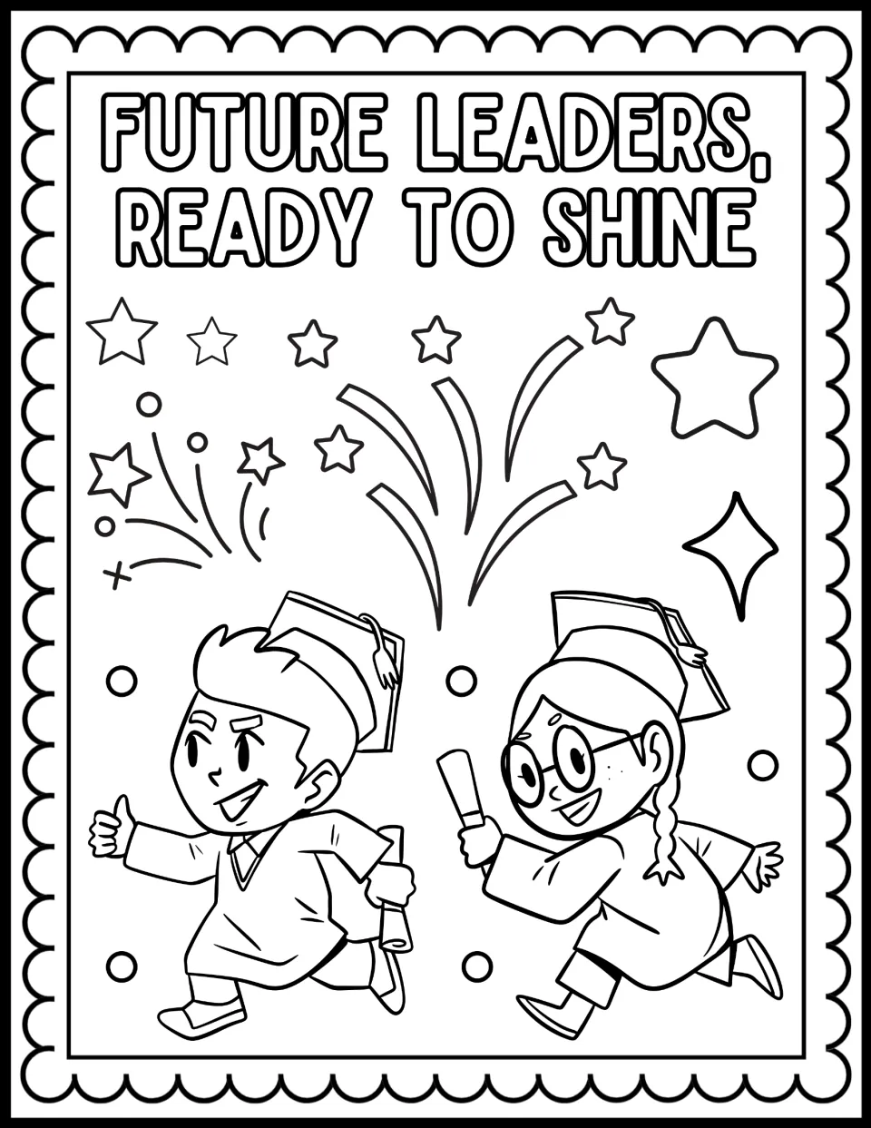 Future Leaders, Ready to Shine: students color two running graduates holding diplomas as fireworks and stars burst above