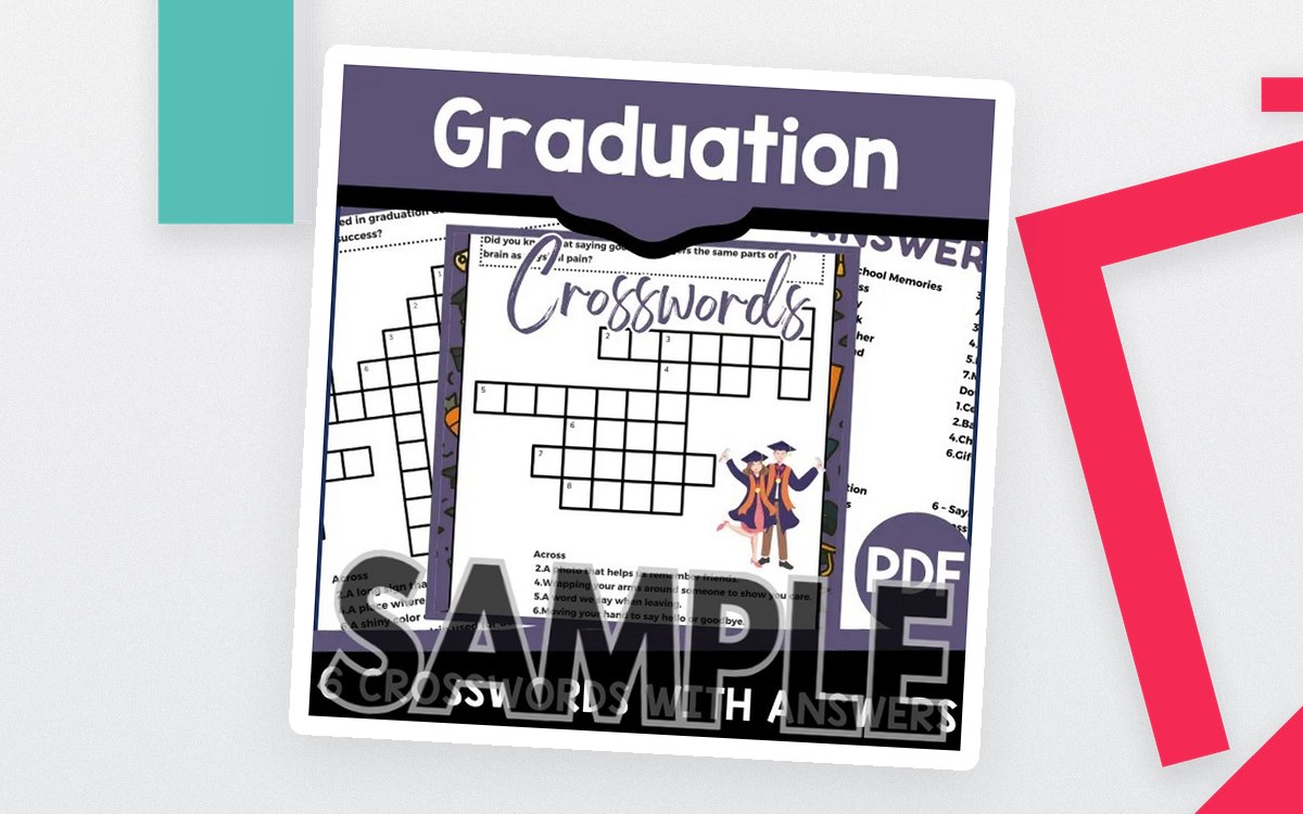 Graduation Crossword sample cover with ceremony puzzle and answer previews.