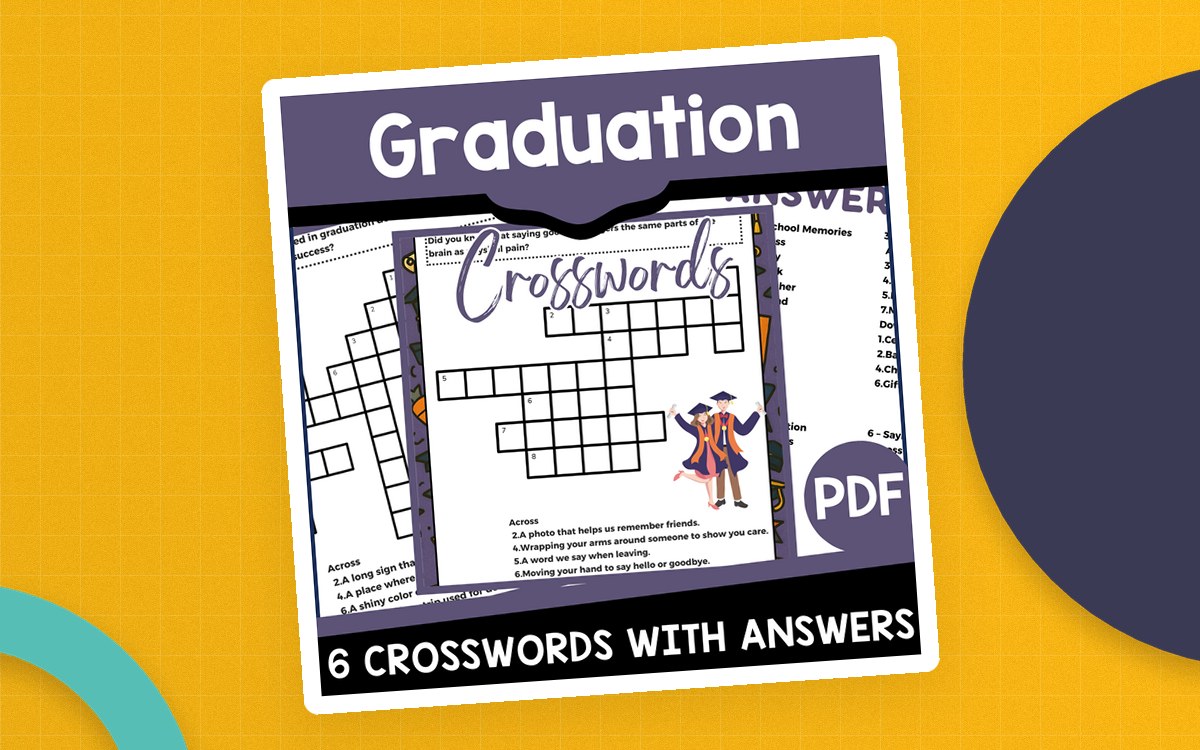 Graduation Crosswords cover with six ceremony-themed puzzle and answer-page previews.