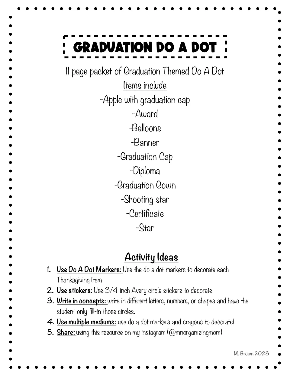 Introduction to the graduation do-a-dot packet, listing themed pictures and marker, sticker, and coloring ideas