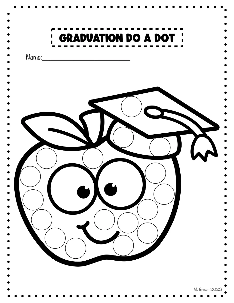 Graduation do-a-dot activity sheet featuring an apple wearing a graduation cap, with circles to decorate