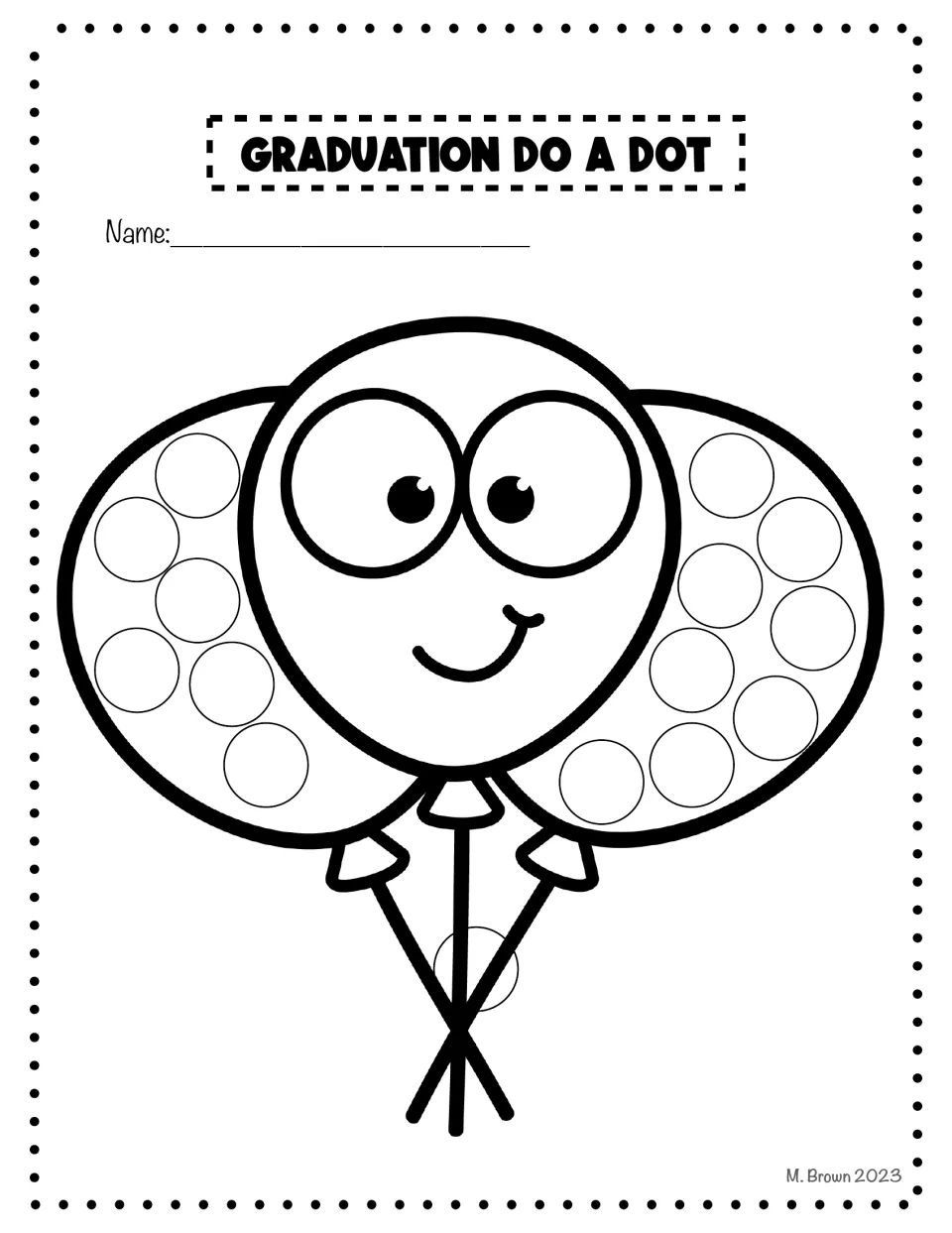 Graduation do-a-dot activity sheet featuring three balloons, with circles to decorate and a smiling center balloon